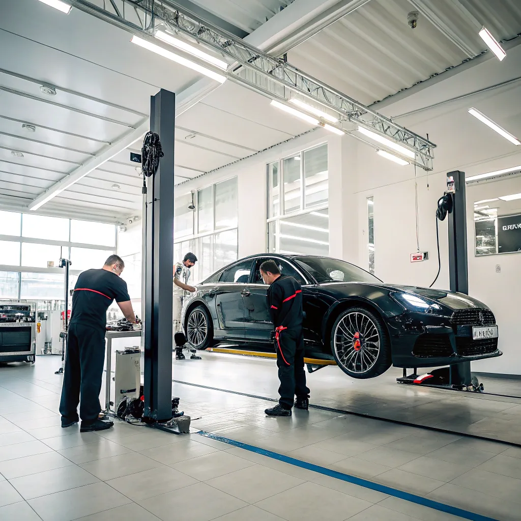 A sleek car being serviced in a modern garage