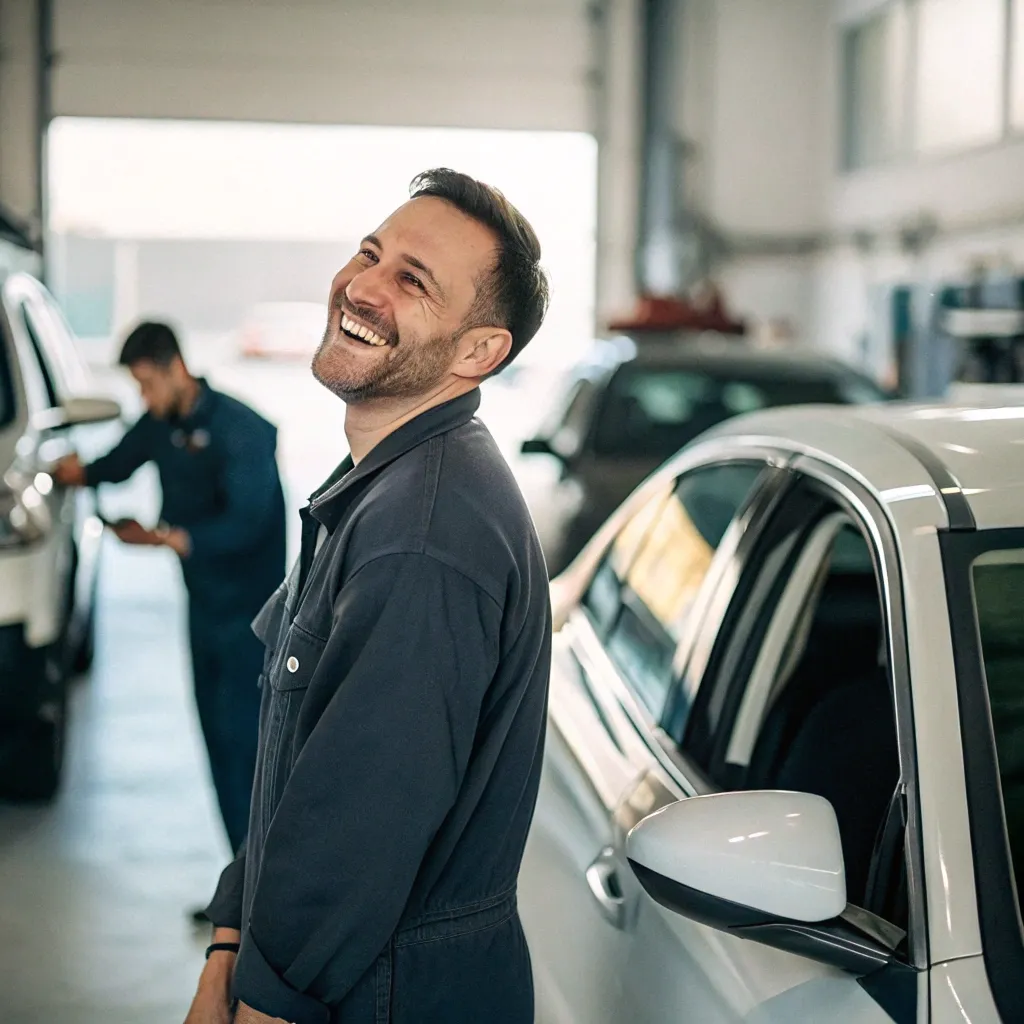 Customer smiling after car service